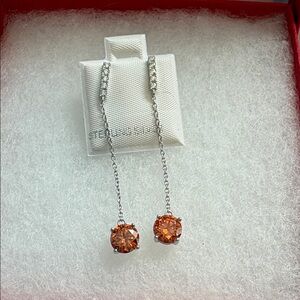 Sterling 925 Silver Long Dangle Clear and Orange Moissanite Earrings